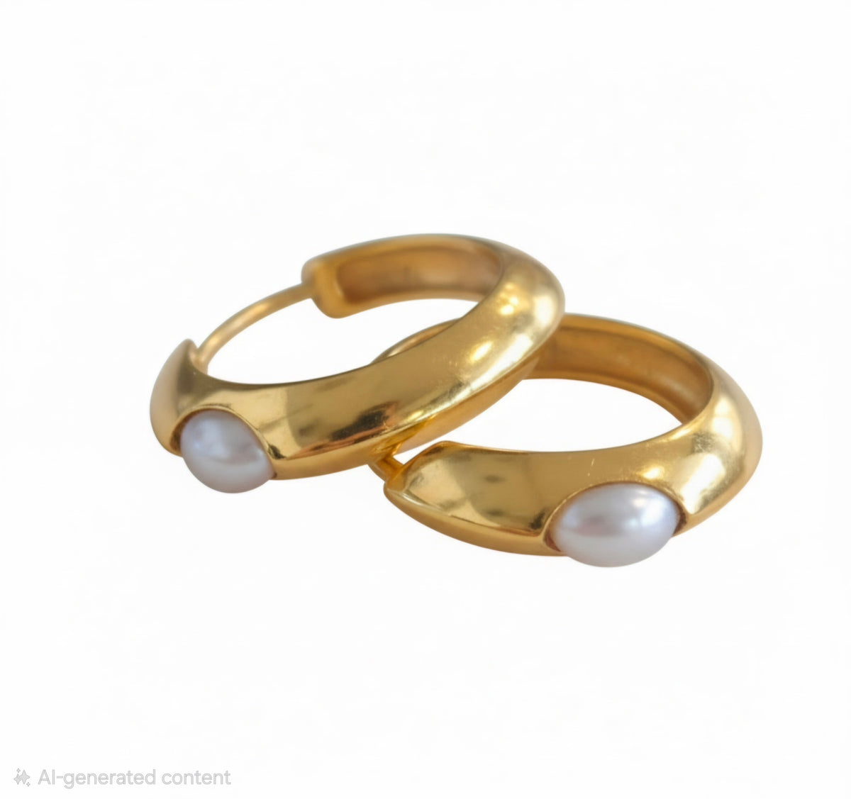 A pair of gold huggie hoop earrings with white freshwater pearls set on the front, shown on a plain white background.